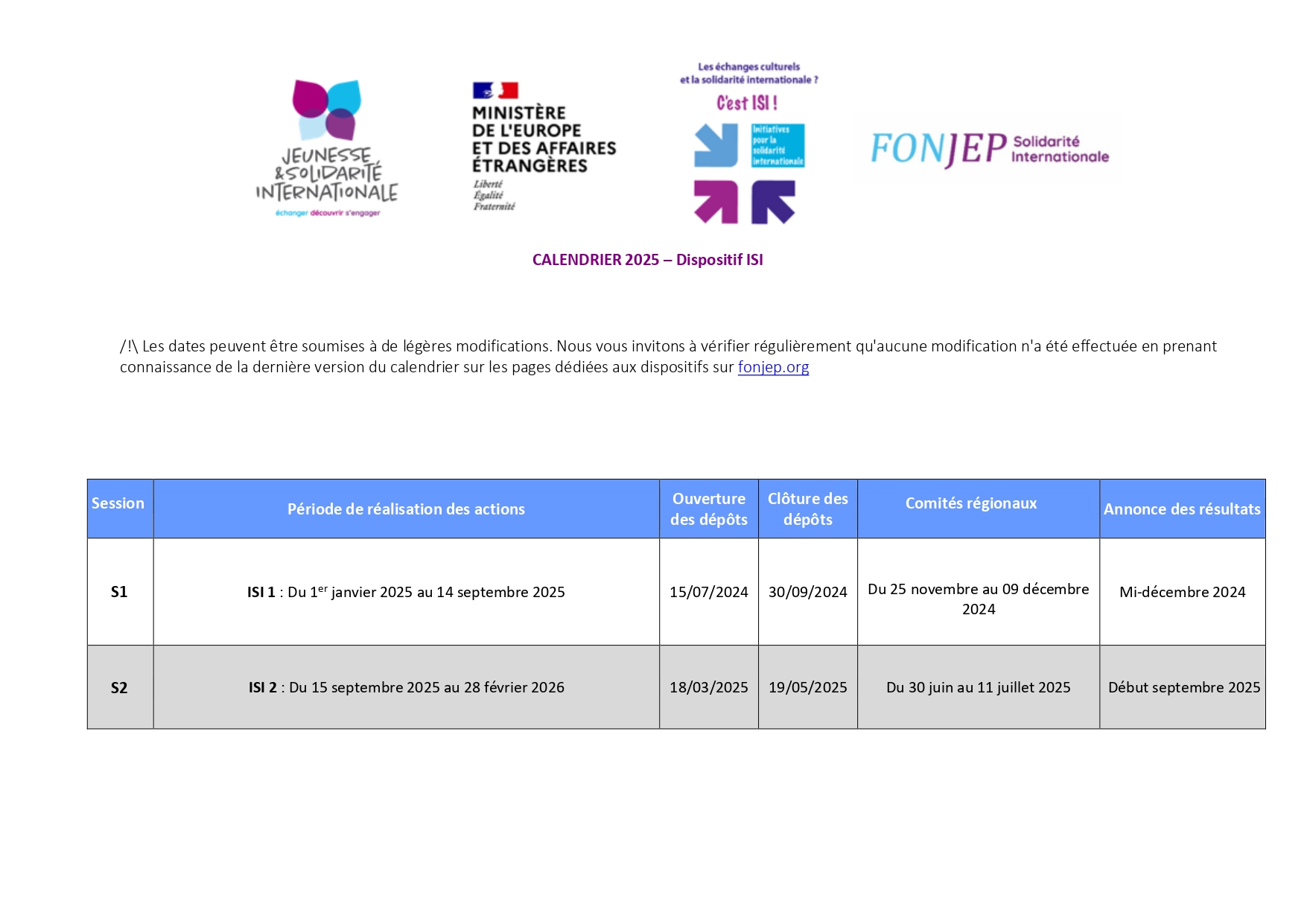 Calendrier des programmes JSI/VVV-SI et ISI pour 2025 - Lianes coopération